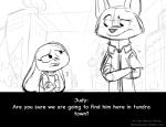 anthro clothed clothing dialogue duo female fur male necktie text marilu_molina molinatwins disney zootopia judy_hopps nick_wilde canid canine eulipotyphlan fox lagomorph leporid mammal mole_(animal) rabbit red_fox true_fox animated english_text short_playtime url