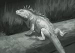 ambiguous_gender detailed_background dewlap_(anatomy) eyes_closed feral gular_flap quadruped smile solo spines standing reedflower iguana iguanid lizard reptile scalie digital_media_(artwork) greyscale monochrome