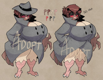 anthro big_breasts black_eyelids breasts brown_body brown_feathers brown_hair button_(fastener) claws clothed clothed_anthro clothed_female clothing coat color_swatch eyelashes feathers fedora female female_anthro fingers glistening glistening_eyelids glistening_hair grey_clothing grey_coat grey_fedora grey_hat grey_headwear grey_topwear grey_trenchcoat hair hand_in_pocket hat headgear headwear huge_breasts narrowed_eyes non-mammal_breasts pockets popped_collar question_mark red_sclera simple_background smile smirk solo standing tail tail_feathers tan_body tan_feathers text toe_claws topwear trenchcoat nupi nintendo pokemon avian bird generation_2_pokemon hoothoot owl pokemon_(species) 2025 digital_media_(artwork) full-length_portrait portrait
