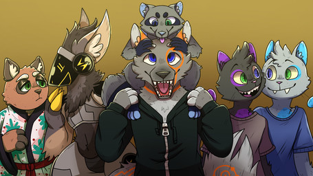 anthro black_body black_fur brown_body brown_fur clothed clothing fur grey_body grey_fur group machine male male/male screen screen_face simple_background smile anonymous_artist ashton_(ashton) braxton_(ashton) bruce_(ashton) dorama_(ashton) garth_(ashton) zapp_(ashton) canid canine canis domestic_cat felid feline felis mammal procyonid protogen raccoon raccoon_dog tanuki wolf 16:9 digital_media_(artwork) widescreen