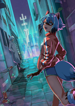 alley anthro blue_body blue_eyes blue_fur blue_hair brown_body brown_fur butt butt_pose city clothed clothing coat duo female fluffy fluffy_tail footwear fur hair hand_in_pocket jacket looking_at_viewer looking_back pockets pose shoes short_hair tail topwear azaka0703 brand_new_animal studio_trigger michiru_kagemori shirou_ogami canid canine human mammal raccoon_dog tanuki 2020 absurd_res hi_res