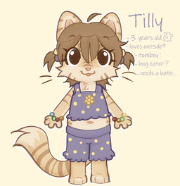 anthro black_eyes bracelet brown_hair clothed clothing crop_top digitigrade female fur hair jewelry multicolored_body multicolored_fur pigtails shirt solo striped_body striped_fur stripes text topwear two_tone_body two_tone_fur yellow_body yellow_fur young mushy tilly_(mushy) domestic_cat felid feline felis mammal english_text hi_res