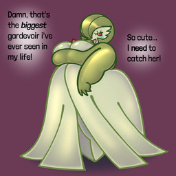 big_breasts big_butt blush breasts butt cleavage clothed clothing dress eyelashes fat_arms female hand_on_mouth looking_at_viewer not_furry nude_humanoid obese obese_humanoid overweight overweight_female overweight_humanoid pokemorph red_eyes simple_background smile smiling_at_viewer solo standing text thought_bubble wide_hips greenghost339 nintendo pokemon gardevoir generation_3_pokemon humanoid pokemon_(species) 1:1 absurd_res english_text hi_res