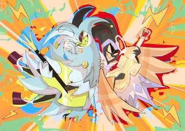 clothed clothing duo electric_guitar empty_eyes eyewear fully_clothed guitar horn male musical_instrument playing_guitar playing_music plucked_string_instrument string_instrument sunglasses teeth wings yellow_eyes shixie124 hazbin_hotel hellaverse helluva_boss adam_(hazbin_hotel) mammon_(helluva_boss) angel demon humanoid 2024 digital_drawing_(artwork) digital_media_(artwork)
