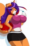 anthro big_breasts black_nose bottomwear breasts clothed clothing female fur hair huge_breasts long_hair nipple_outline orange_body orange_fur purple_eyes purple_hair red_hair shirt skirt solo tight_clothing topwear white_body white_fur fyxe_(artist) fyxe canid canine fox mammal