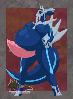 anthro belly big_belly big_penis blush bodily_fluids breasts cum genital_fluids genitals gynomorph gynomorph_pred huge_penis humanoid_genitalia humanoid_penis intersex intersex_pred looking_down looking_down_at_belly multicolored_body nude onomatopoeia overweight penis red_eyes simple_background smile solo sound_effects tail text thick_thighs vore arceus_tummy nintendo pokemon dialga generation_4_pokemon legendary_pokemon pokemon_(species) scalie absurd_res english_text hi_res