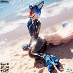 anthro bangs beach beach_background blue_body blue_fur bodysuit clothing fluffy fluffy_tail fur green_eyes hair latex latex_clothing light looking_at_viewer looking_back multicolored_body multicolored_fur multicolored_hair one_eye_visible paws pointy_ears pose posed qr_code red_body red_fur sand shoreline sitting skinsuit smile solo sunlight tail text tight_clothing white_body white_fur daytia c4d rexouium 3d_(artwork) cinema_4d_(artwork) digital_media_(artwork) hi_res url