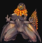 anthro anthrofied areola big_breasts black_areola black_nipples black_pussy breasts female genitals glistening glistening_body glowing glowing_eyes grey_body grey_scales kneeling membrane_(anatomy) membranous_wings navel nipples open_mouth pussy scales solo winged_arms wings yuio capcom monster_hunter bazelgeuse flying_wyvern 2021 digital_media_(artwork) hi_res shaded