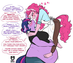 anthro anthrofied apron belly belly_overhang big_belly big_breasts blush blush_lines breasts chubby_cheeks clothed clothing clothing_pull dominant dominant_female duo ellipsis exclamation_point eyewear feeder feederism feet female female/female flustered fur gentle_femdom glasses hair heart_symbol horn humanoid_feet humanoid_hands interrobang obese obese_anthro obese_female overweight overweight_anthro overweight_female pink_body pink_fur pink_hair plantigrade purple_body purple_fur purple_hair question_mark shirt shirt_pull side_view speech_bubble standing_on_belly stuttering submissive submissive_female tail talking_to_another text tilde_after_text topwear topwear_pull undersized_clothing undersized_topwear weight_difference weight_gain white_apron white_clothing redxbacon friendship_is_magic hasbro my_little_pony mythology pinkie_pie_(mlp) twilight_sparkle_(mlp) earth_pony equid equine horse mammal mythological_creature mythological_equine pony unicorn english_text hi_res
