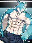 abs anthro biceps big_muscles blue_body blue_eyes blue_fur bulge chest_tuft clothing detailed_bulge fur genital_outline grin looking_at_viewer male muscular muscular_anthro muscular_male pecs penis_outline simple_background smile solo text tongue tongue_out tuft underwear white_body white_fur kenn canid canine canis mammal wolf 2014 3:4