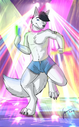 anthro arm_tuft black_claws black_hair black_markings black_nose blue_bottomwear blue_clothing blue_eyes blue_hotpants blue_shorts bottomwear cheek_tuft chest_tuft claws clothed clothing facial_tuft front_view fur glistening glistening_eyes glowstick hair holding_glowstick holding_object hotpants looking_at_viewer male male_anthro markings mouth_closed nightclub short_hair shorts shoulder_tuft slim_anthro slim_male solo standing tail toe_claws topless tuft white_body white_fur white_tail hufnaar canid canine mammal 5:8 hi_res