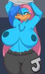 anatid anseriform anthro arms_above_head avian beak big_breasts bird blue_body blue_eyes blue_feathers blue_hair blush bottomwear breasts chest_tuft cleavage clothed clothing curvy_figure digital_media_(artwork) duck feathers female fur hair hi_res huge_breasts jupiter_(mastergodai) knuckle_up! long_hair looking_at_viewer mastergodai multicolored_hair nipples non-mammal_breasts non-mammal_nipples pants pink_hair solo topless tuft two_tone_hair undressing voluptuous wide_hips