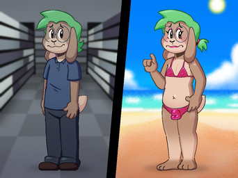 anthro balls_outline barefoot beach bikini bikini_bottom bikini_top blue_dress_shirt blush bottomwear brown_body brown_clothing brown_eyes brown_footwear brown_fur brown_shoes bulge checkered checkered_floor clothing cloud collared_shirt detailed_bulge dress_shirt eyeliner eyeshadow eyewear feet footwear freckled_face freckles fur genital_outline glasses green_hair grey_bottomwear grey_clothing grey_pants hair hand_on_hip inside lipstick makeup male navel nipple_outline outside pants penis_outline pink_bikini_bottom pink_bikini_top pink_eyeshadow pink_hair_tie pink_lipstick round_glasses sea shirt shoes sky solo store swimwear tail topwear two-piece_swimsuit two_panel_image water lyraarts nolan_(pampoxen) domestic_rabbit lagomorph leporid lop_rabbit mammal oryctolagus rabbit 2026 digital_drawing_(artwork) digital_media_(artwork)