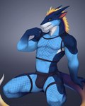 anthro blue_body bulge clothing crop_top fishnet_clothing fishnet_legwear fishnet_topwear jockstrap legwear male midriff shirt solo tail topwear underwear matchamutt mythology teryx teryx_commodore dragon mythological_creature mythological_scalie scalie 4:5 hi_res