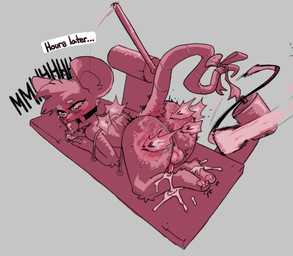 accessory anthro ball_gag balls bdsm bodily_fluids bow_ribbon bruised bruised_butt butt cum drooling erection furgonomics gag genital_fluids genitals male motion_lines paws ribbons saliva solo spanking_machine tail tail_accessory tail_bow tail_ribbon time_skip bitterfucker1 bramble_(amoderaterobo) mammal mouse murid murine rodent
