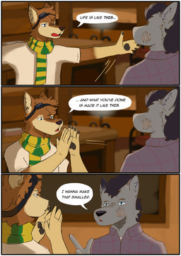 anthro bar black_hair blue_eyes border brown_body brown_fur clothing dialogue duo facial_scar flannel_shirt flight_goggles fur gesture grey_body grey_fur hair hand_gesture hands_up head_tuft inside looking_at_another male mohawk motion_lines narrowed_eyes pawpads pointing scar scarf shirt speech_bubble squint t-shirt text topwear tuft white_border ferrx curb_your_enthusiasm strays_in_paradise dark_matter_(li'l_melon) li'l_melon ambiguous_species canid canine canis mammal wolf absurd_res comic english_text hi_res