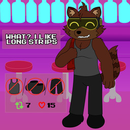 anthro bar bottle bottomwear brown_body brown_fur chair clothed clothing container footwear fur furniture male markings pants red_clothing shirt shoes smile solo strip_game striped_markings striped_tail stripes table tail tail_markings text topwear undershirt visor reggie_rakun strip_meme mammal procyonid raccoon 1:1 absurd_res english_text hi_res