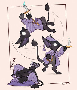 3_toes 4_fingers accessory ambiguous_anthro ambiguous_gender anthro barefoot beak beak_closed biped black_beak black_body black_fur black_tail black_tail_tuft bottomless bottomless_ambiguous bottomless_anthro candle candlestick chain_accessory claws clock clothed clothed_ambiguous clothed_anthro clothing crescent_moon digitigrade empty_eyes falling featureless_crotch feet finger_claws fingers fur glowing glowing_eyes hat headgear headwear hindpaw holding_candle holding_object legs_up lying moon mouth_closed nightcap on_front on_pillow open_clothing open_topwear pajamas pattern_clothing pattern_hat pattern_headgear pattern_headwear pattern_topwear pawpads paws pillow pocketwatch purple_clothing purple_hat purple_headwear purple_inner_ear purple_pajamas purple_pawpads purple_topwear semi-anthro sleeping sleepwear solo sound_effects tail tail_tuft toe_claws toes topwear tripping tuft vowelless vowelless_sound_effect walking watch white_eyes young young_ambiguous young_anthro zzz daarclaw deadlock_(game) mythology valve rem_(deadlock) avian chimera dream_creature gryphon mythological_avian mythological_creature 2026 absurd_res digital_media_(artwork) hi_res multiple_images signature