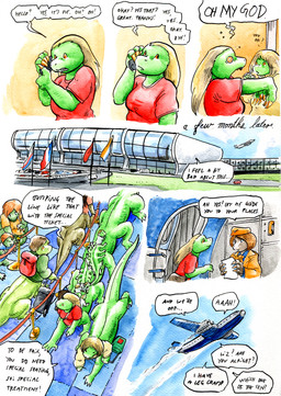 10_legs 3_toes 4_fingers abstract_background aircraft airplane airport aisle back_groove backpack barefoot big_hands blonde_hair blue_clothing blue_shirt blue_sky blue_topwear bottomless bottomwear brown_body brown_hair building calling cellphone claws clothed clothing day dialogue doorway dot_eyes driveway earless electronics feet female fingers flag flag_(object) flagpole flight_attendant floor flying french_flag furgonomics gaping_mouth glass_window grass green_body green_clothing green_shirt green_topwear group hair hands_out hat headgear headwear high-angle_view holding_cellphone holding_object holding_paper holding_phone house inside inside_airplane jacket jet long_hair looking_aside looking_at_another looking_up male modern_architecture multi_leg multi_limb neonate netherlands_flag on_another open_mouth orange_clothing orange_eyes orange_hair orange_jacket orange_shirt orange_topwear outside outstretched_arms panic_attack panicking paper paws phone phone_call plant raised_arm red_clothing red_shirt red_t-shirt red_topwear road rope_barrier russian_flag screaming sharp_teeth shirt short_hair sign simple_background simple_eyes sky smile snout speech_bubble standing straight_hair suitcase surprised t-shirt tail take_off tapering_tail taur_ride teeth text thick_tail tile tile_floor toes tongue tongue_out topwear travel vehicle walking walkway wall_(structure) wall_phone white_background white_clothing white_topwear wide_eyed work_uniform yellow_claws young young_female young_male young_taur cervelet de_havilland_aircraft_company_limited de_havilland_comet crystal_(growing_troubles) kazuli_(growing_troubles) liz_(growing_troubles) maria_(growing_troubles) miles_(growing_troubles) zillie_(growing_troubles) lizard lizard_taur long_taur reptile reptile_taur scalie scalie_taur taur 2019 absurd_res comic english_text handwritten_text hi_res multiple_scenes painting_(artwork) shaded signature traditional_media_(artwork) traditional_painting_(artwork) traditional_watercolor_(artwork) watercolor_(artwork) brother_(lore) brother_and_sister_(lore) daughter_(lore) grandmother_(lore) grandparent_(lore) mother_(lore) mother_and_child_(lore) mother_and_daughter_(lore) mother_and_son_(lore) parent_(lore) parent_and_child_(lore) parent_and_daughter_(lore) parent_and_son_(lore) sibling_(lore) sister_(lore) sisters_(lore) son_(lore)