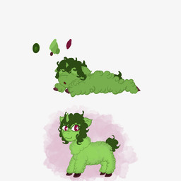 :3 ambiguous_feral ambiguous_gender brown_hooves eyes_closed feral fur green_body green_fur green_hair green_horn green_tail hair hooves horn lying on_front open_mouth red_eyes simple_background smile solo standing tail tired young young_ambiguous young_feral scaleytailtales fluffy_pony fluffy_pony_(species) mammal 1:1 2026 digital_media_(artwork) english_description shaded