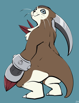 anthro armor blue_eyes brown_body brown_fur claws clothing digitigrade fur gauntlets gloves handwear male rear_view smile solo tail thick_tail fizzpop bandai_namco digimon digimon_(species) prairiemon hi_res