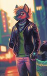 anthro black_clothing black_jacket black_topwear blue_kerchief blue_neckerchief blurred_background clothed clothing fur green_clothing green_eyes green_nose green_topwear grey_body grey_fur hair jacket kerchief leather leather_clothing leather_jacket leather_topwear male mouth_closed neckerchief neckwear orange_hair short_hair solo standing text topwear mylafox canid mammal 2023 dated hi_res portrait signature three-quarter_portrait url