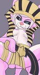 anthro black_sclera bottomwear breasts clothing cosplay covered_nipples egyptian female fur hair loincloth looking_at_viewer navel pink_body pink_fur simple_background sitting solo white_body white_fur white_hair sh1vss aurora_(shai_dreamcast) canid canine canis jackal mammal 2023 digital_media_(artwork) hi_res