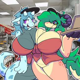 anthro big_breasts big_tail blue_body bovid_horn box breasts caprine_horn claws clothing container duo eyelashes fangs fast_food_uniform female female/female finger_claws front_view fur goat_horn hat headgear headwear horn huge_breasts markings orange_body pizza_box pressing_breasts_together purple_eyes smile smiling_at_viewer spots spotted_body tail teeth visor_cap vvmilotic mythology beans_(ovenbakedbeans) vee_(vvmilotic) dragon furred_dragon furred_scalie mythological_creature mythological_scalie reptile scalie snake 1:1 hi_res