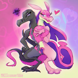 2_heads 2_tails 3_toes annoyed anthro black_body conjoined feet female heart_symbol implied_transformation multi_head multi_tail pink_body purple_eyes simple_background smile solo standing tail toes mkiiiconvertible nintendo palworld pocketpair pokemon generation_7_pokemon lovander pal_(species) pokemon_(species) salazzle 1:1 2024 digital_media_(artwork) hi_res