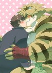 anthro blush brown_hair duo fur hair kissing male male/male muscular muscular_anthro muscular_male overweight overweight_male pecs romantic romantic_couple size_difference striped_body striped_fur stripes yellow_body yellow_fur kusarikakemono lifewonders tokyo_afterschool_summoners chubby_protagonist_(tas) macan_(tas) protagonist_(tas) felid human mammal pantherine tiger hi_res