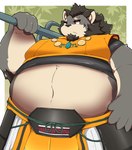 anthro belly big_belly clothed clothing humanoid_hands kemono male obese obese_male overweight overweight_male solo weapon kusosensei tamacolle yamato_(tamacolle) canid canine canis mammal wolf 2023 hi_res