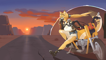 anthro belt blonde_hair bottomwear breasts buckle cleavage clothed clothing female fingerless_gloves footwear fur gloves green_eyes hair handwear mask motorcycle outside ponytail road shorts solo sunset tail topwear vehicle white_body white_fur yellow_body yellow_fur ice2g mihoyo zenless_zone_zero pulchra_fellini felid feline felis mammal sand_cat thiren hi_res
