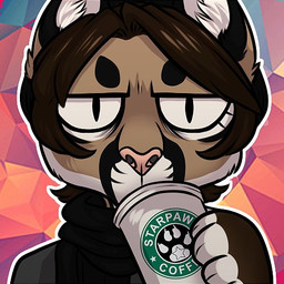 abstract_background ambiguous_gender anthro black_scarf brown_body brown_fur brown_hair container cup drinking front_view fur hair holding_container holding_cup holding_object looking_at_viewer narrowed_eyes pink_nose pupils scarf short_hair slit_pupils solo white_body white_fur demireality felid mammal 1:1 bust_portrait low_res portrait