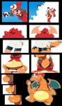 blue_eyes breasts brown_hair cleavage clothed clothing female feral fire flaming_tail grey_eyes growth hair holding_object holding_pokeball multiple_panel open_mouth pokeball sharp_teeth solo species_transformation surprised_expression tail tail_growth teeth transformation wing_growth wings toongrowner nintendo pokemon may_(pokemon) charizard generation_1_pokemon human mammal pokemon_(species) 2020 absurd_res comic digital_drawing_(artwork) digital_media_(artwork) hi_res sequence