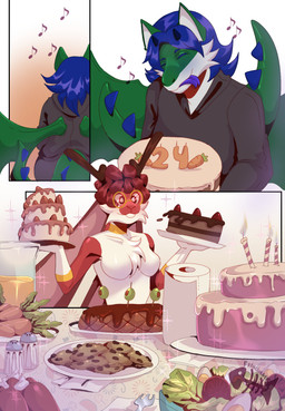 anthro antlers birthday birthday_cake blue_hair cake carrot cookie cutlery dessert duo eyewear female food fur furniture glasses gradient_background hair holding_food holding_object horn kitchen_utensils male paper plant red_body red_fur salad salt simple_background smile table tongue tongue_out tools vegetable franciumart81 mythology astrale_(hojaastrale) kerot_(snesboxyoshi) winder_(winderbun) dragon hare jackalope lagomorph leporid mammal mythological_creature mythological_scalie scalie comic hi_res