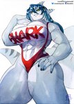 abs anthro big_breasts biped breasts clothed clothing female hair hand_on_hip muscular muscular_female navel non-mammal_breasts non-mammal_navel pupils scar solo swimwear thick_thighs murazaki fish marine shark absurd_res hi_res traditional_media_(artwork)