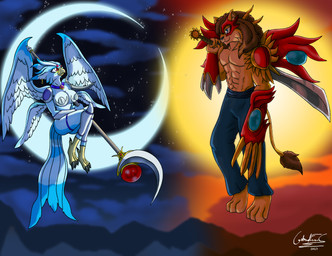 anthro armor big_breasts blue_eyes bottomwear breasts clothing female lance male melee_weapon moon pants polearm red_eyes sun sword weapon wings overlord_gabriel fan_character accipitrid accipitriform avian bird eagle felid feline lion mammal pantherine hi_res