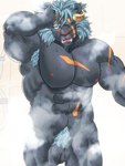 abs anthro armpit_hair balls body_hair flaccid foreskin genitals horn male muscular muscular_anthro muscular_male nude pecs penis pubes scar shower solo tusks tamineko lifewonders tokyo_afterschool_summoners krampus_(tas) monster 3:4 hi_res