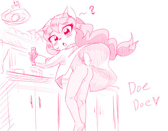 anthro bottomless butt clothed clothing coat desk eyewear female furniture goggles hair heart_symbol lab_coat lamp long_hair looking_at_viewer low-angle_view open_mouth question_mark raised_tail solo table tail topwear vial wind oversleeper doe_(alfa995) deer mammal 2018 monochrome