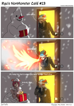 box breath_powers carrot clothing container dialogue door duo elemental_manipulation female fire fire_breathing fire_manipulation food gift gift_box grin holding_gift holding_object light monster_girl_(genre) outside plant smile sneeze snow snowing snowman sweater text topwear vegetable randomtanstudio mythology ryu's_non_monster_cafe kelly_(randomtanstudio) ryu_(randomtanstudio) animal_humanoid aquatic aquatic_humanoid cnidarian cnidarian_humanoid dragon dragon_humanoid humanoid jellyfish jellyfish_humanoid medusozoan medusozoan_humanoid mythological_creature mythological_scalie scalie comic english_text hi_res