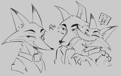 anthro clothed clothing duo exclamation_point fur jacket laugh male male/male shirt smile topwear vest rasbbe don't_eat_the_neighbours fox_(don't_eat_the_neighbours) wolf_(don't_eat_the_neighbours) canid canine canis fox mammal wolf 2026 digital_media_(artwork) greyscale hi_res monochrome