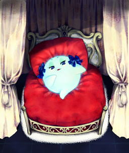 accessory bed blue_eyes bow_(feature) bow_accessory bow_ribbon eyelashes female furniture hair_accessory hair_bow hair_ribbon half-closed_eyes looking_at_viewer lying narrowed_eyes not_furry on_back ribbons smile solo naco24 mario_bros nintendo paper_mario lady_bow boo_(mario) ghost spirit undead