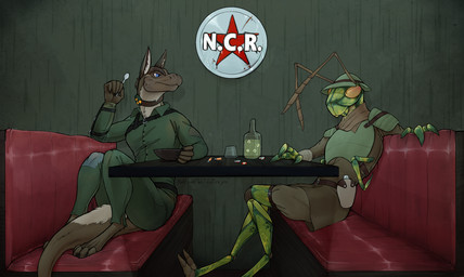 ambiguous_gender anthro armor bottle_cap bullet clothing collar duo eating female holding_object inside jumpsuit male military_uniform new_california_republic post-apocalyptic shock_collar sitting sitting_in_booth text uniform tren fallout microsoft agalia_(bushdog) arthropod grasshopper insect night_stalker_(fallout) orthopterid artist_name english_description hi_res story story_in_description