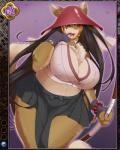 anthro big_breasts bottomwear bow_(weapon) breasts chest_tuft cleavage clothed clothing female fingerless_gloves gloves hair hand_on_breast handwear hat headgear headwear holding_object holding_weapon huge_breasts kemono long_hair midriff ranged_weapon simple_background skirt slightly_chubby solo text thick_thighs tongue tongue_out tuft weapon unknown_artist muramasa:_princess_commander silicon_studio archer_mitsumine canid canine canis domestic_dog mammal 4:5 japanese_description japanese_text official_art translated translated_description