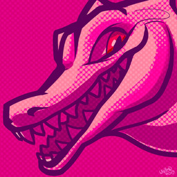 ambiguous_gender dotted_background glistening glistening_eyes open_mouth open_smile pattern_background pupils red_eyes sharp_teeth side_view simple_background slit_pupils smile solo teeth unknowhiter 1:1 2017 dated hi_res pink_theme signature