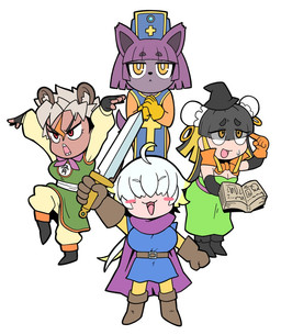 anthro big_breasts book breasts chibi cleavage clothed clothing cosplay dress fantasy female fur grey_hair group hair hat headgear headwear light_body light_skin magic_user medium_breasts melee_weapon monk narrow_hips nervous pose posing_for_picture purple_body purple_fur red_eyes sharp_teeth sword teeth thigh_gap thin_calves thin_legs thin_thighs warrior weapon white_hair yellow_eyes fang_honebuchi_(artist) dragon_quest dragon_quest_iii square_enix vtuber arumo_(mofumofumachine) fang_honebuchi firo_(firo2010) tsukurumi_ranti animal_humanoid felid feline human humanoid hyena hyena_humanoid mammal mammal_humanoid 2020 digital_media_(artwork) hi_res