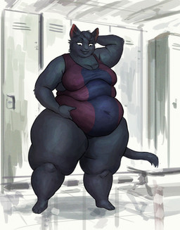 4_toes anthro belly belly_rolls big_breasts black_body black_fur breasts cleavage clothed clothing double_chin feet female fur hair hand_behind_head hand_on_belly huge_thighs inner_ear_fluff inside locker locker_room looking_at_own_belly looking_down love_handles monotone_body monotone_fur navel_outline no_irises obese obese_anthro obese_female one-piece_swimsuit overweight overweight_anthro overweight_female short_hair smile solo standing swimwear thick_thighs toes tuft cettus sarka_svobodova domestic_cat felid feline felis mammal 2020 colored digital_media_(artwork) digital_painting_(artwork) hi_res painting_(artwork) shaded