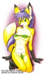 5_toes anthro barefoot bikini biped brown_nose clothed clothing feet female fig_leaf fluffy fluffy_tail fur gloves_(marking) green_eyes hair kneeling leaf leaf_clothing leg_markings long_hair looking_at_viewer markings pose purple_hair skimpy smile socks_(marking) solo swimwear tail toes two-piece_swimsuit yellow_body yellow_fur kemono_inukai elle_(kitsune_netsuki) canid canine fox mammal