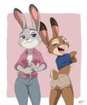 2018 absurd_res anthro blue_eyes bluelighthouse bottomwear breasts brown_body brown_fur buckteeth butt clothed clothing clothing_lift deaffinity deannart denim denim_bottomwear denim_clothing dipstick_ears disney duo eyelashes fan_character female fur grey_body grey_fur hi_res high_waisted_bottomwear jeans judy_hopps lagomorph leporid looking_at_viewer looking_back looking_back_at_viewer mammal multicolored_ears one_eye_closed open_clothing open_mouth open_shirt open_smile open_topwear pants purple_eyes rabbit scut_tail shirt shirt_lift short_tail shorts side_boob simple_background smile striptease tail teeth tongue topwear trisha_rose_(bluelighthouse) under_boob undressing wink zootopia