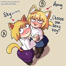 :3 bedroom_eyes big_butt blonde_hair blush blush_lines bubble_butt butt clothing dress duo female female/female female_humanoid footwear hair light_body light_skin looking_at_viewer narrowed_eyes red_eyes seductive shoes shy tail text tongue elferdiart melty_blood tsukihime type-moon neco-arc animal_humanoid felid feline humanoid mammal neco_spirit 1:1 hi_res url